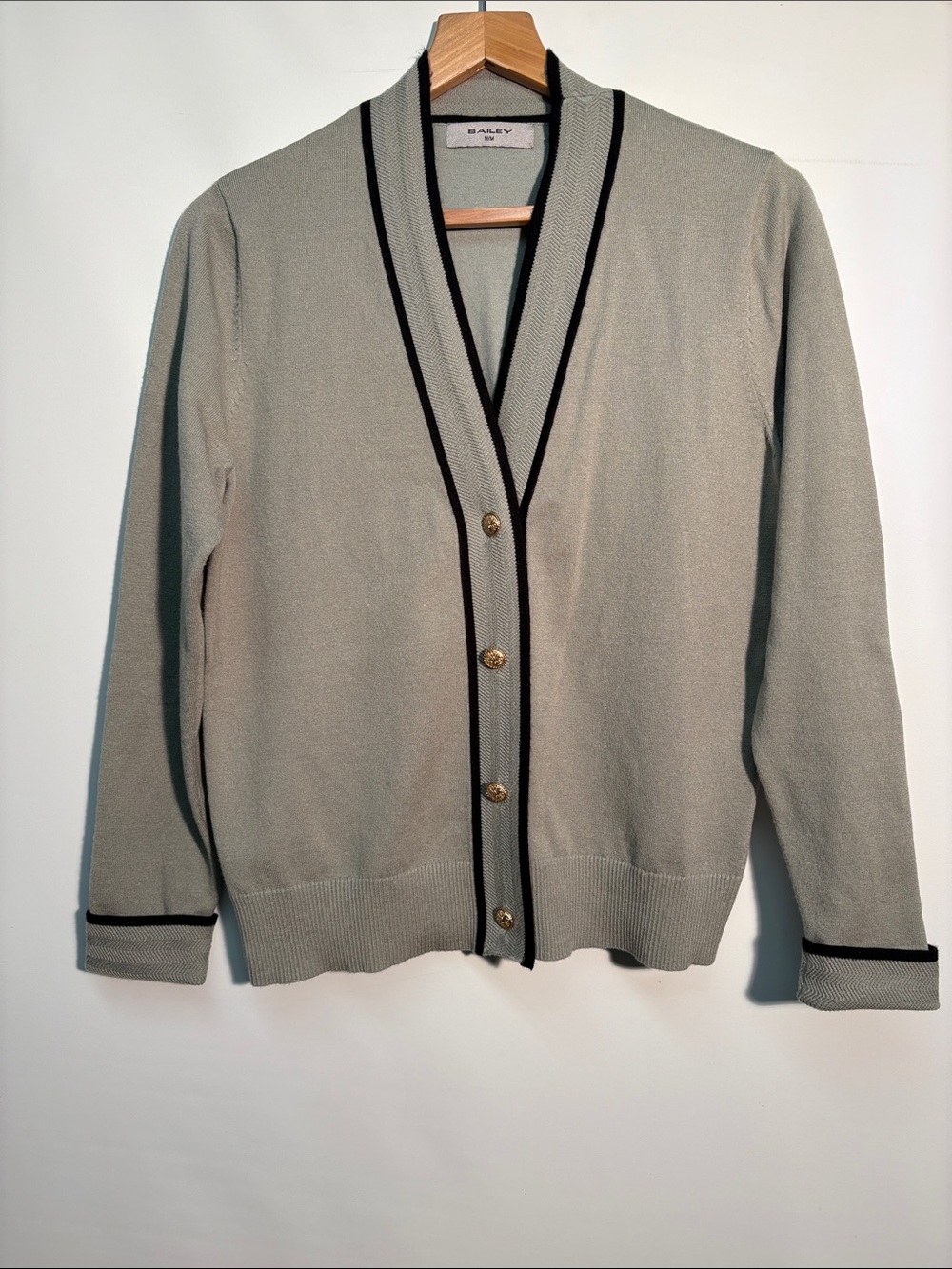 Bailey Sage Green Cardigan with Black Trim